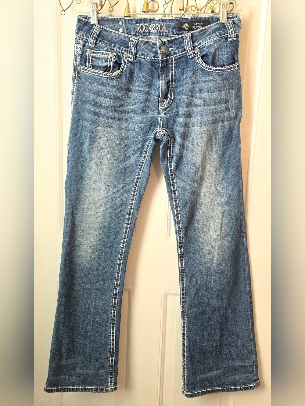 Rock & Roll Cowgirl Contrast Stitch Bootcut Jeans Women 31x32 Med Wash Y2K Bling
